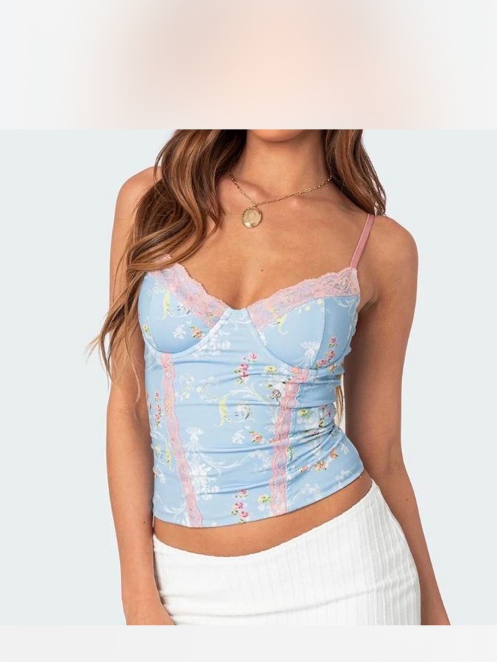 Edikted Blue Floral Lace-Trim Corset Top